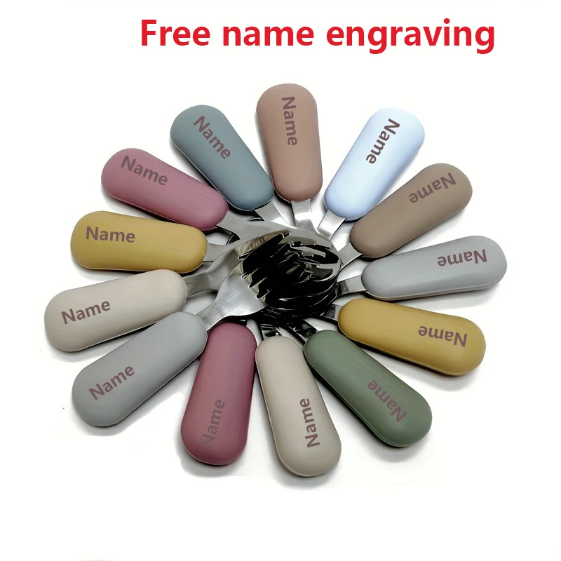 Personalized Name Printing on Children's Fork-Spoon Set Fade-Resistant Silicone Handle Stainless Steel Material Suitable for Chi