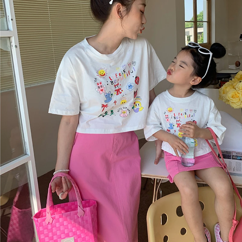 Summer Mother Kids Clothes Twill Pink Short Skirt Cartoon Cute White Short-sleeve T-shirts Fashion Parent-child Matching Outfits