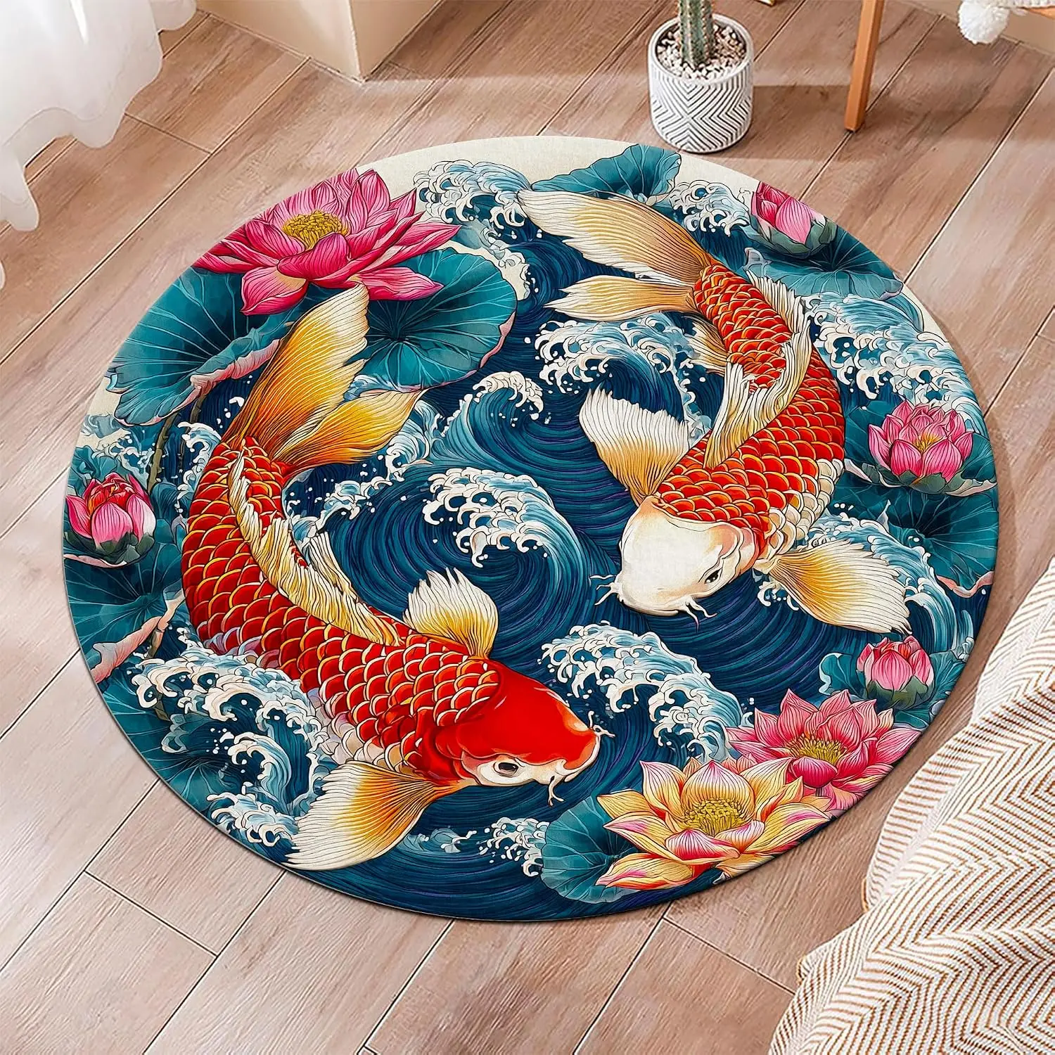 Vintage Art Circular Living Room Rug Colorful Koi Fish Round Carpet for Bedroom Lotus Flower Home Non-Slip Welcome Floor Mat