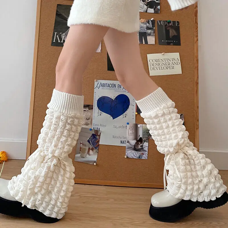 

Retro JK Lolita Flared Leg Warmers Women Bubble Lace-up Long Socks Knitted Stockings Warm Foot Cover Autumn Winter Boot Cuffs