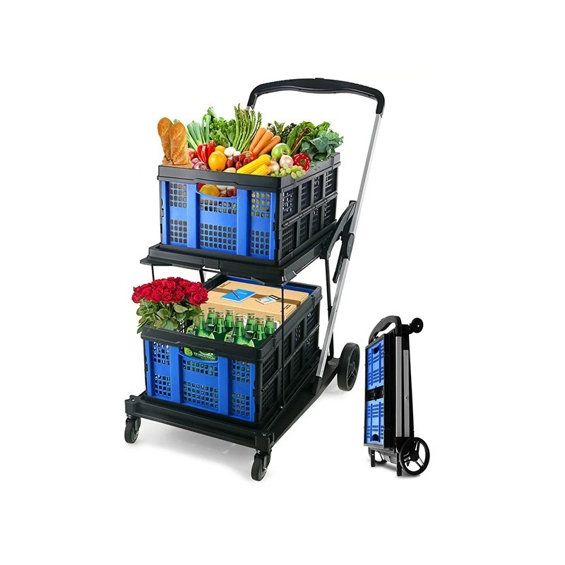 

Folding cart, double-layer shopping plastic cart, folding trolley fruit cart