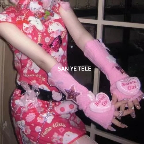 

Original Pink Y2k Gloves Dopamine Cute Sweet Girl Dew Finger Subculture Fashion Warm Knitted Arm Sleeves Fingerless Gloves Gift