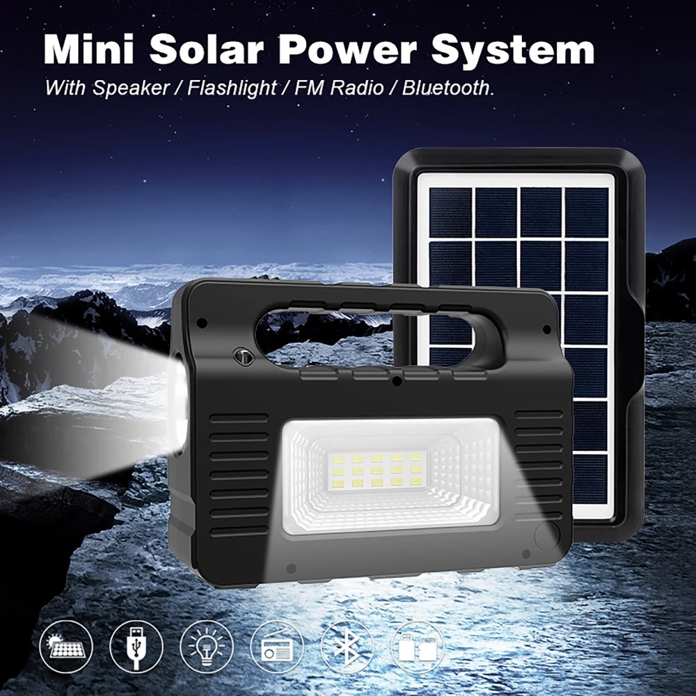 Solar Outdoor Portable Lighting Power Supply System USB/TF Card Playback bluetooth Speaker Radio Flashlight with 3pcs LED bulbs