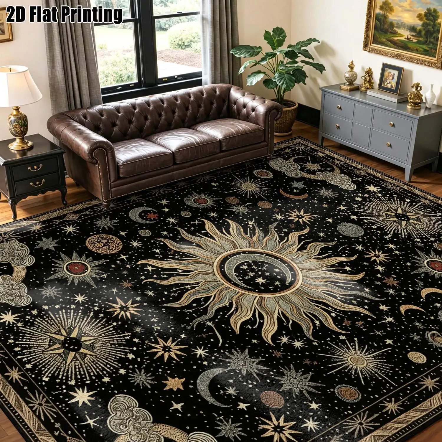 1Pc 2D Printed Carpet with Black Sun, Moon, and Star Patterns European Vintage, Bohemian, Geometric Abstract Carpet for Home Decor, Multi-Size, Machine Washable, Ideal for Entryway, Living Room, Bedroom, Dining Room, Foyer.