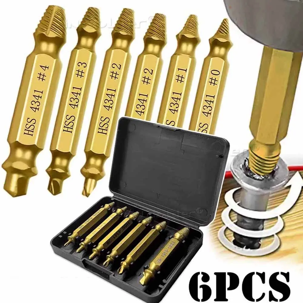 Professional 6Pcs Broken Screw Extractor Remover Set Damaged Bolt Easy Out Stripped Drills Bit Tools Kit with Case