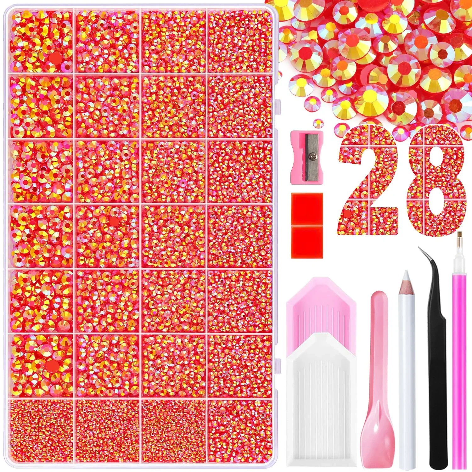 20000PCS Red Flatback Rhinestones, AB Color 2-6mm Non Hotfix Craft Nail Gems with Pick Pen Tweezers Spoon Trays for DIY Nail Art
