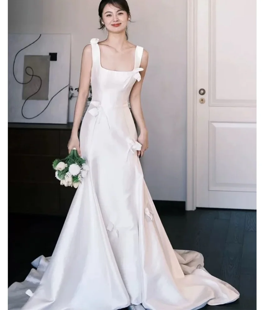 

Customized Graceful Satin Mermaid Bow Evening Dress High Quality Square Neck Sleeveless Floor Length Women Wedding Gowns