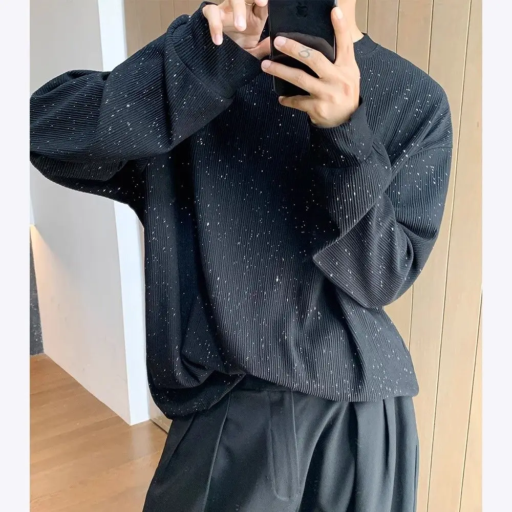 Spring Men O Neck Long Sleeve Sweatshirts Shiny Fashion All-match Casual Loose Inside Tops Tee Black White Stage Dance Costume