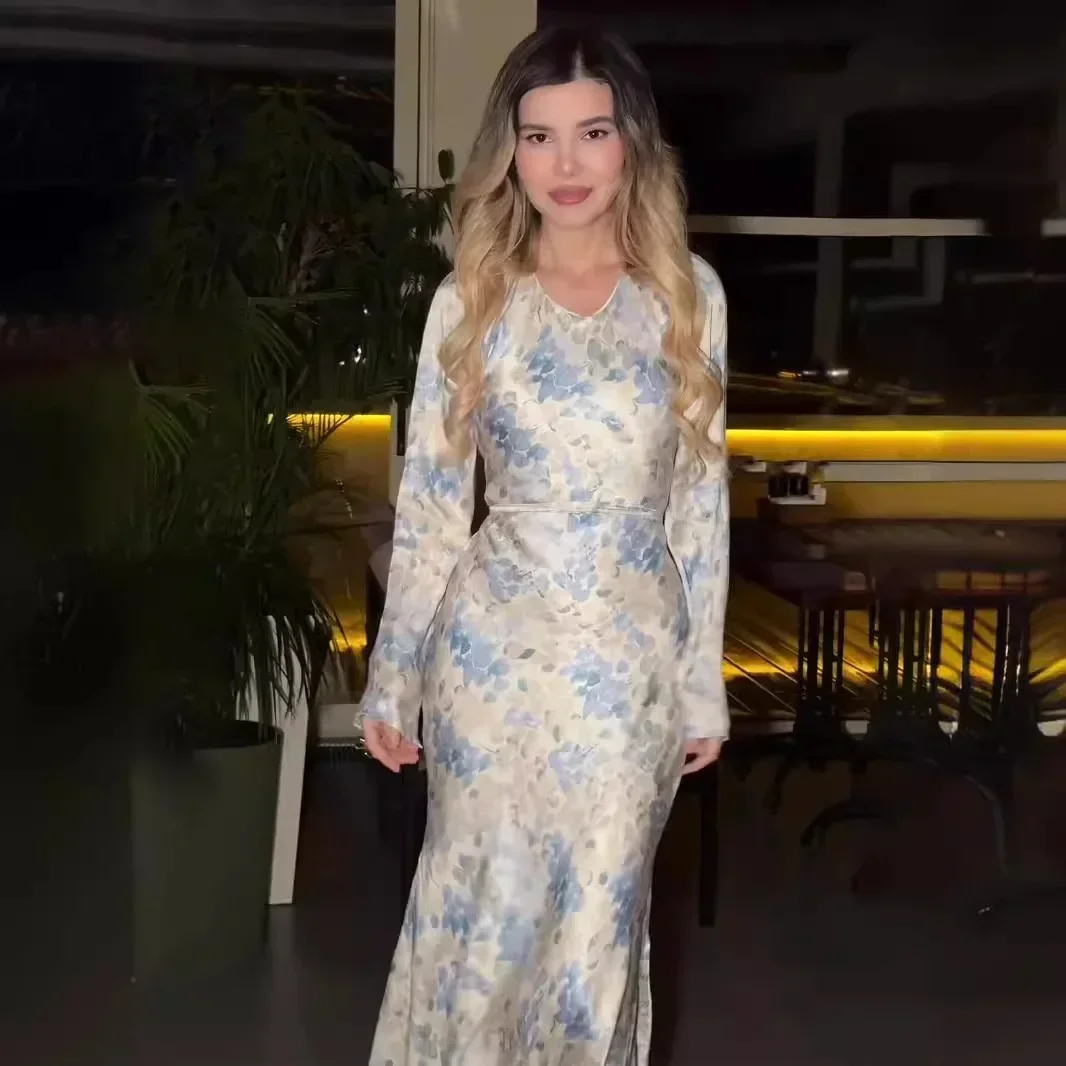 Robe de soirée en satin imprimé floral vintage pour femmes, manches longues, col en V, taille amincissante, mode