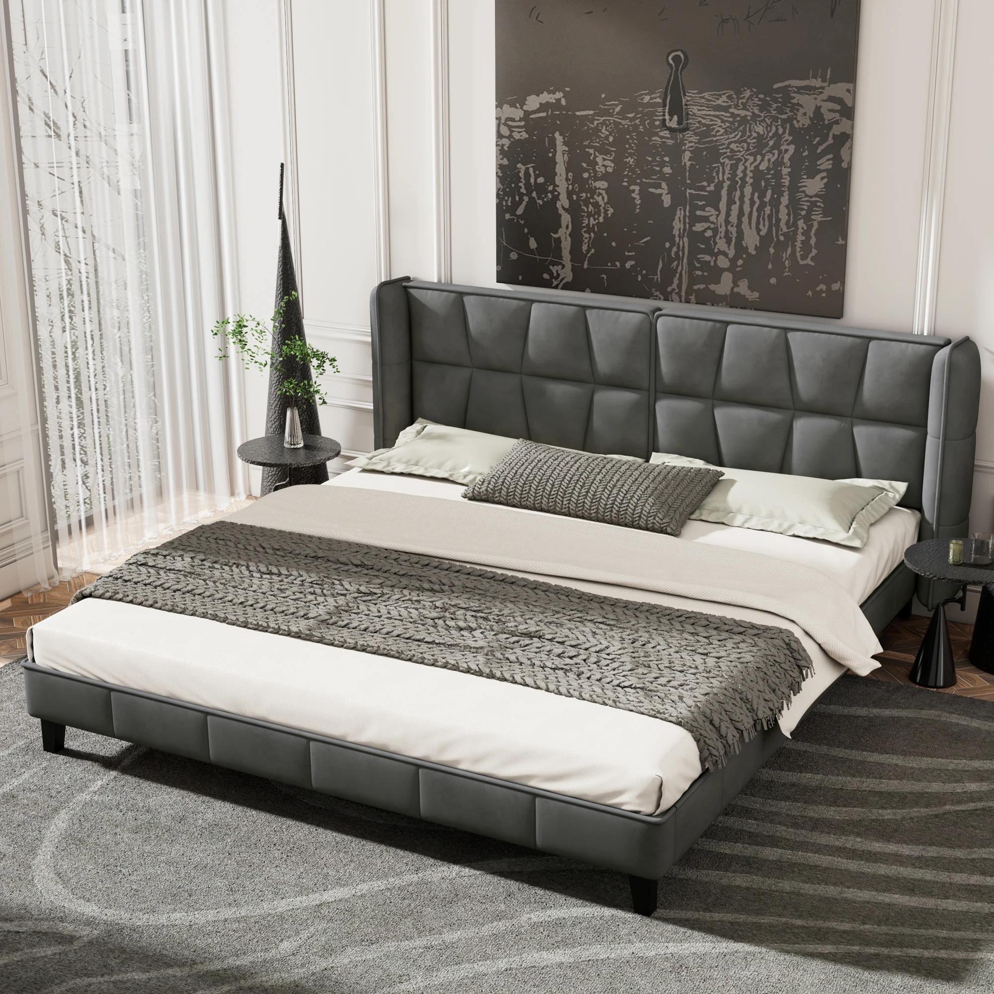 Merax Upholstery Bed 180x200 Cm Double Bed with Slatted Frame and Headboard