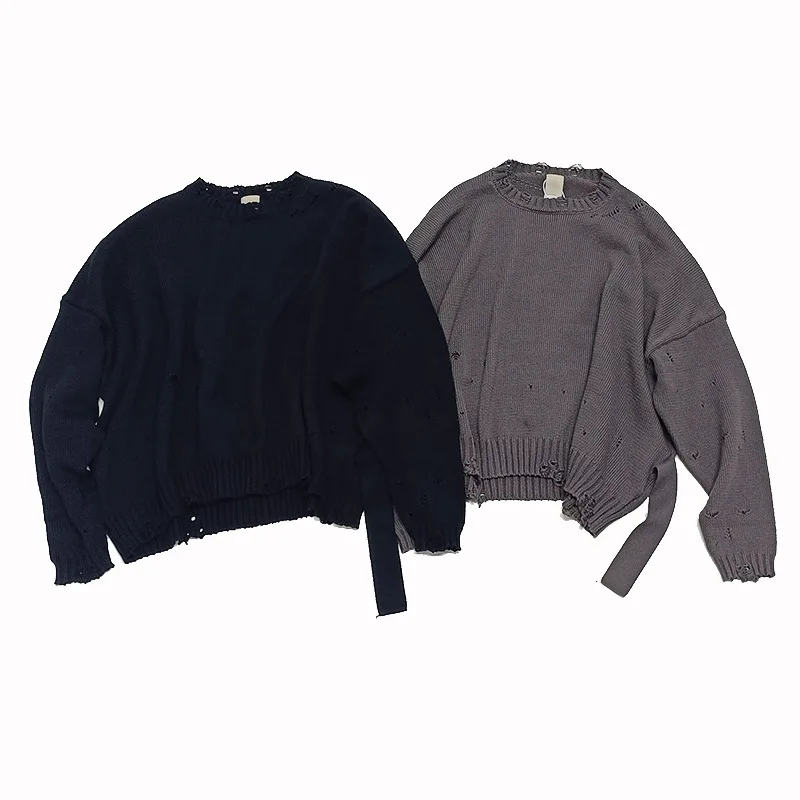 High Street Seater Tops Men's Hole Solid Color Pullover Round Neck Loose and Lazy Casual Knit Versatile Men and Women