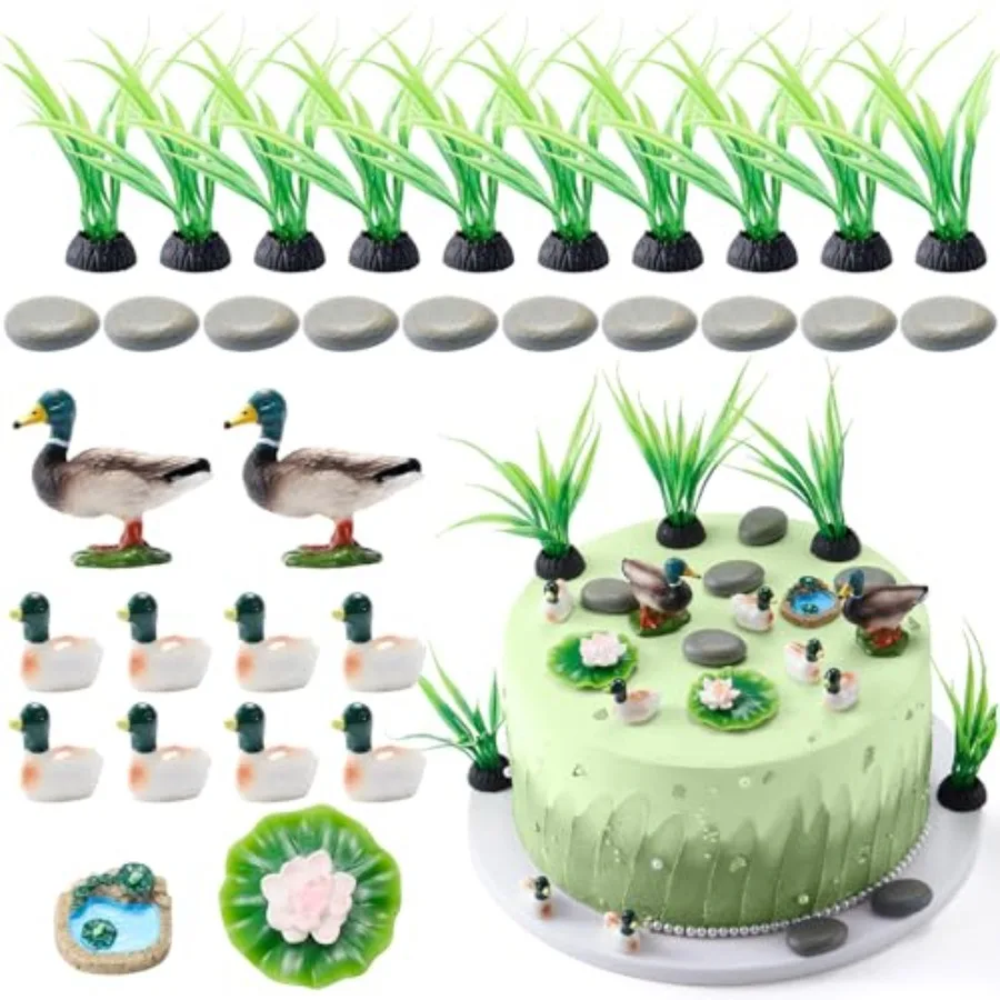 35 Uds. Decoraciones para tarta de pato mallargo, figuras para tarta de caza de pato, decoraciones, lote de algas marinas, suministro para fiesta de cumpleaños y caza de hojas