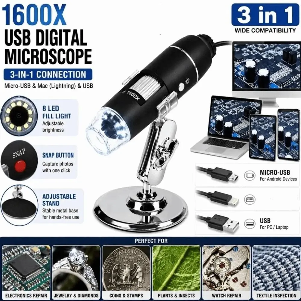 3 in 1 USB Digital Microscope 1600X/1000X/500X Portable Portable Inspection Camera Multi-use with Adjustable Stand