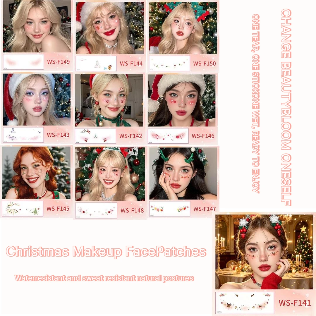 A New Stock Christmas Face Tattoo Stickers, Waterproof Sweatproof Creative Makeup Decals for Xmas Party Ball Event Cosplay
