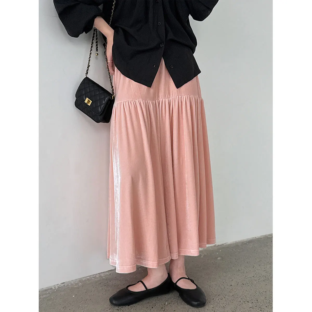 

Velvet High Waisted Midi Skirt for Women's Spring New Style Spliced A-Line Skirt