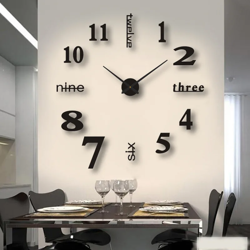 Black Creative Silent Wall Clock Simple DIY Living Room 3D Decoration Clock European Clock Wall Stickers Clock