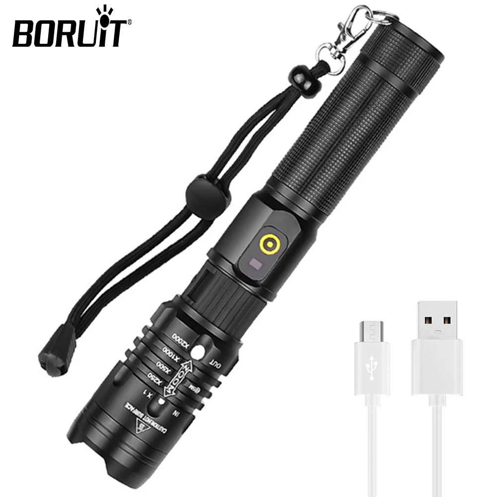 BORUiT Super Bright Zoom LED Flashlight USB Rechargeable Torch Waterproof Portable Fishing Camping Outdoor Emergency Lantern