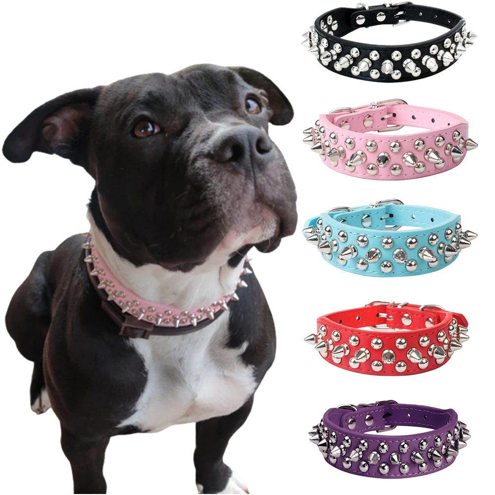 PU-Hundehalsband mit Nieten, Verstellbares Anti-Biss-Halsband für Kleine, Mittlere und Große Hunde wie Bullterrier und Dobermann