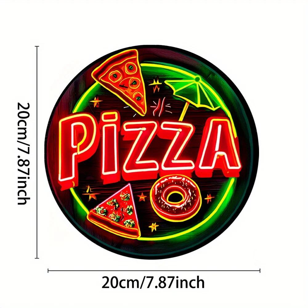 2D Flat Metal Tin Sign Neon-Style Pizza Wall Decor  Round Durable Waterproof Fade-Resistant Indoor Outdoor Home Garden K