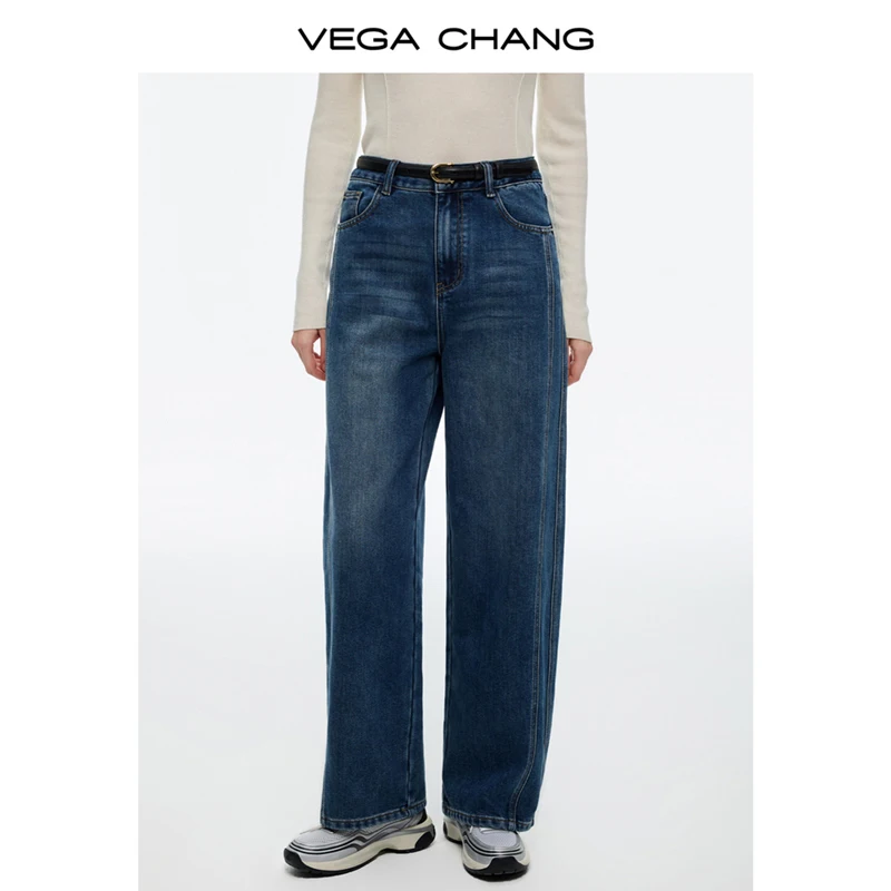 بنطال جينز نسائي شتوي جديد من Vega Chang عالي الخصر وواسع الساق على الطراز القديم