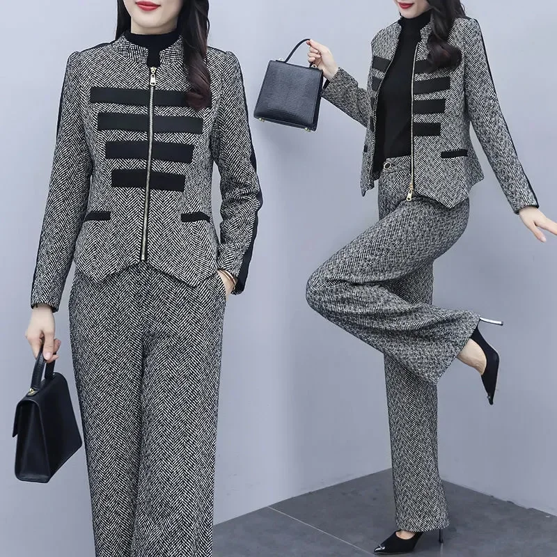 

2023 Spring Autumn New Korean Edition Fashion Woolen Set Foreign Short Coat Wide Leg Pants Two Piece Set Women's Foreign Style