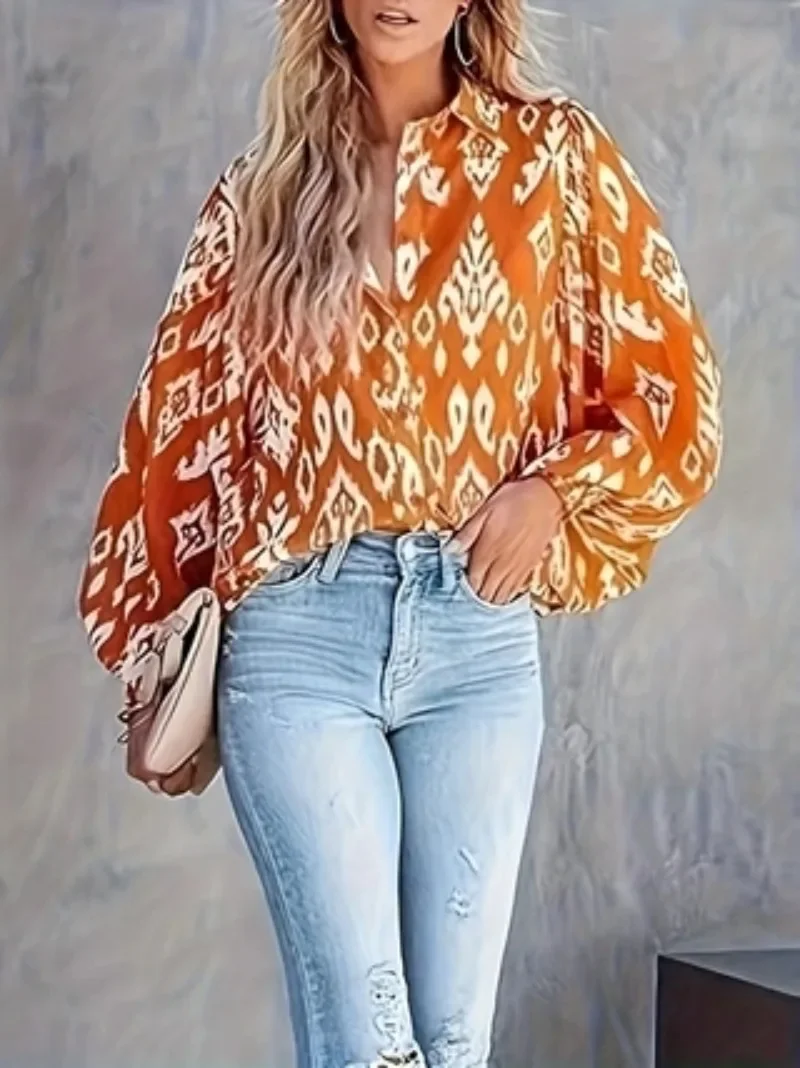 Damska koszula Plus Size 1XL-5XL Popularny top Modna, swobodna, pomarańczowa latarnia z długim rękawem i nadrukiem Modna, wszechstronna koszula