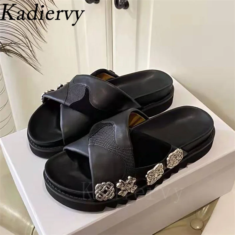 Black White Thick Sole Slippers Women Genuine Leather Metal Rivets Flat Mules Shoes Woman Summer Slides Modern Slippers Woman