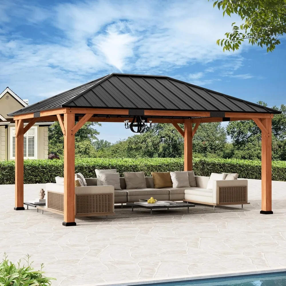 

Modern Shade Tranquil Grove Wood Gazebo 12' x 16', Permanent Grill Gazebo with Galvanized Steel Hardtop Roof, Cedar Framed