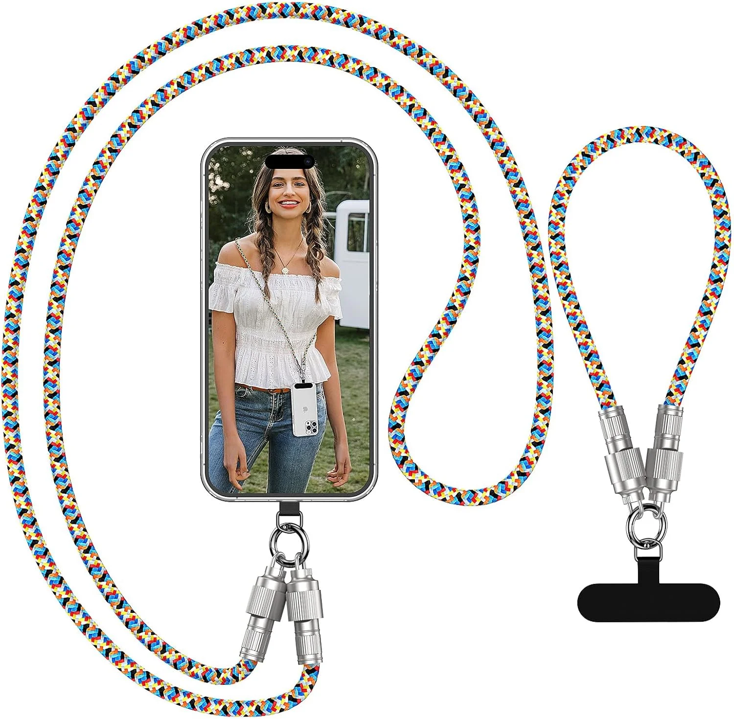 

KUTOU For Rechargeable Phone Lanyard Versatile Anti-Loss Strap for iPhone 16/15 & Samsung Stylish Rainbow Nylon Braided Cable