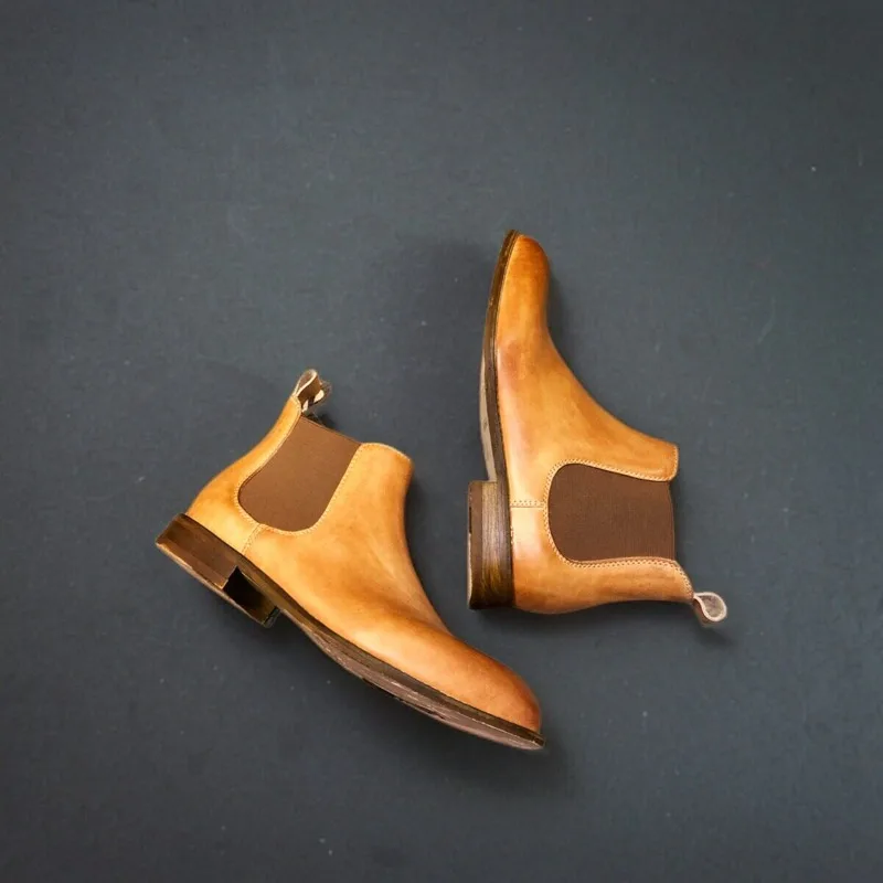 Vintage Handmade Men Work Shoes Premium Cow Leather Chelsea Boots Slip-on Ankle Casual Business Dress Boots