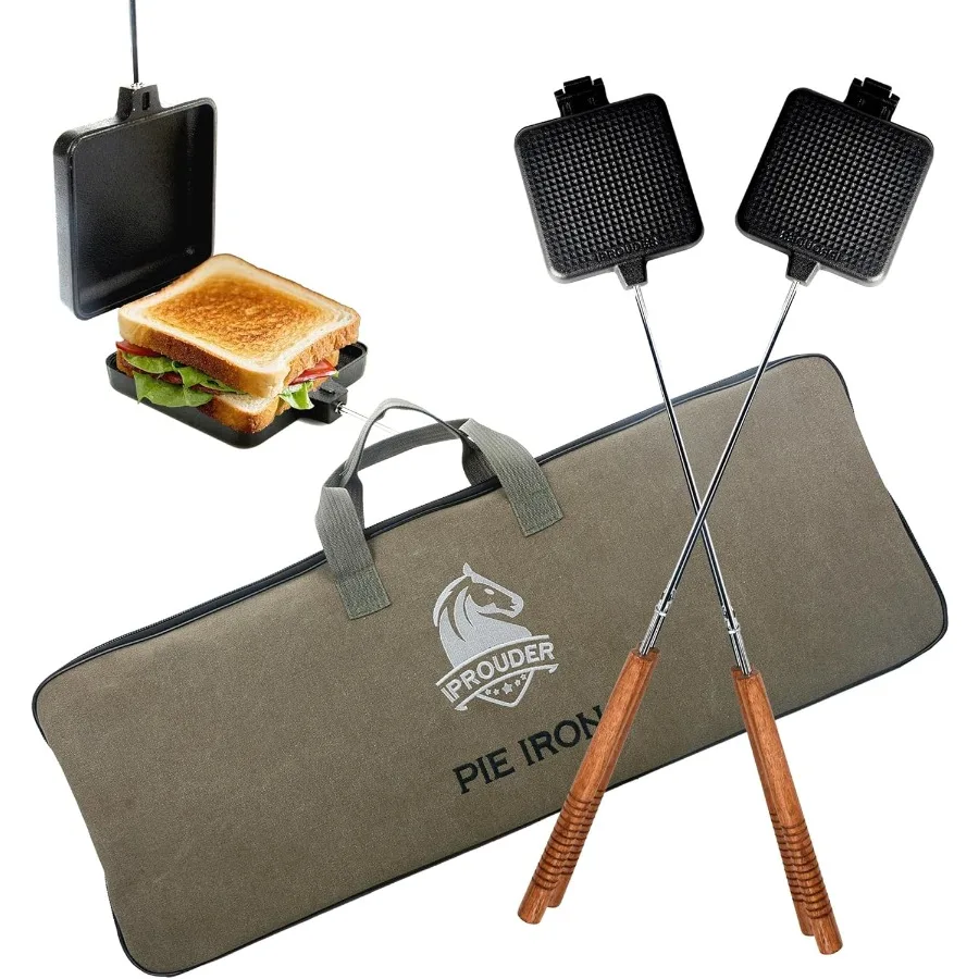 

Campfire Pie Iron 4.9 Large Cast Iron Sandwich Maker for Camping 2 Pcs with Storage Bag - 22.6 Inch Thickened Handles - Durable