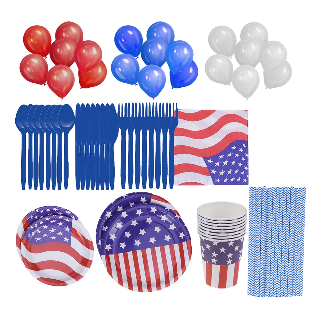 

114pcs American Flag Paper Plate Cup Napkin Straw Balloon Cutlery Spoon Set Party Decorations for Independence Day Festival