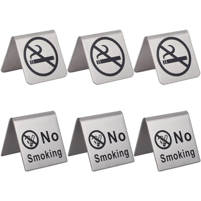 

6Pcs 2 Style Non-Smoking Table Sign Stainless Steel Metal Warning Reservation Logo Display Signs for Home Business Cards Hotels