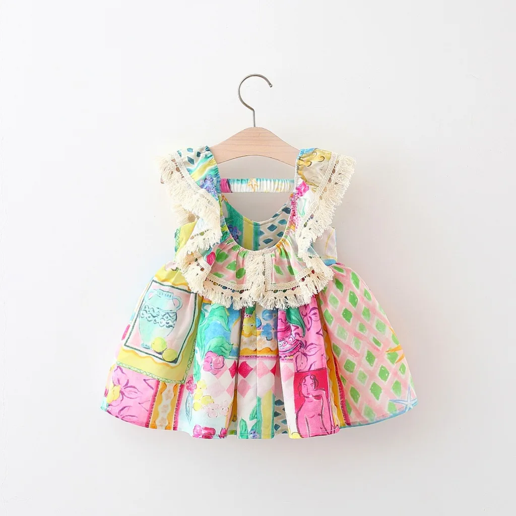 Summer New Lace Collar Chiffon Dress for Girls, Korean Version, Big Lapel Oil Painting Style Small Skirt