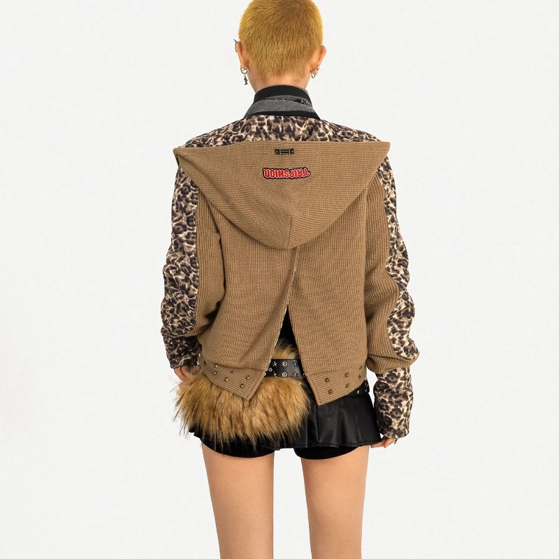 Original Design Leopard Print Splicing Workwear Women's Jacket Autumn Winter New Fashionable American Retro Hooded Coat Ladies