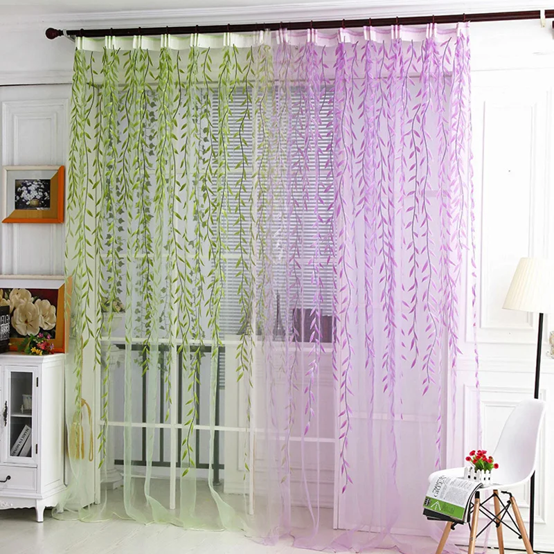 Grüner Weiden blatt Tüll Vorhang gedruckt Blumenmuster schiere Voile Panel drapieren Vorhänge Sommer