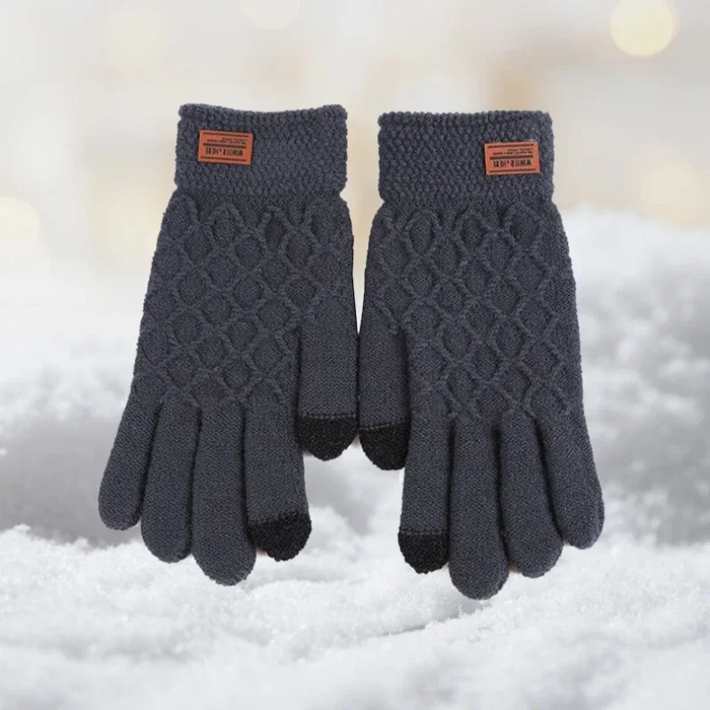 Autumn Winter Version of The Touch Screen Knitted Wool Plus Velvet Thickening Outdoor Riding Gloves for Men Accessories Gifts