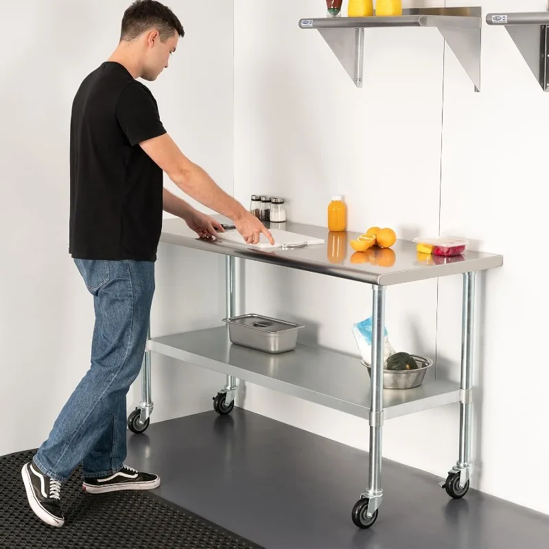 Stainless Steel Table with Wheels Casters Heavy Duty Commercial Work Prep Table with Undershelf and Galvanized Legs for Kitchen