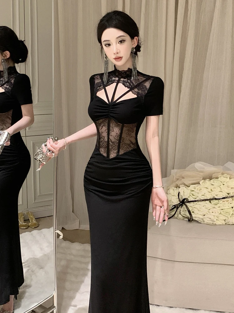 Elegante Spitze Getäfelten Ausschnitt Ohne Knochen Schwarz Bodycone Abendkleid Sexy Luxus Shheer Geraffte Kleid frauen Party Prom Vestidos Kleid