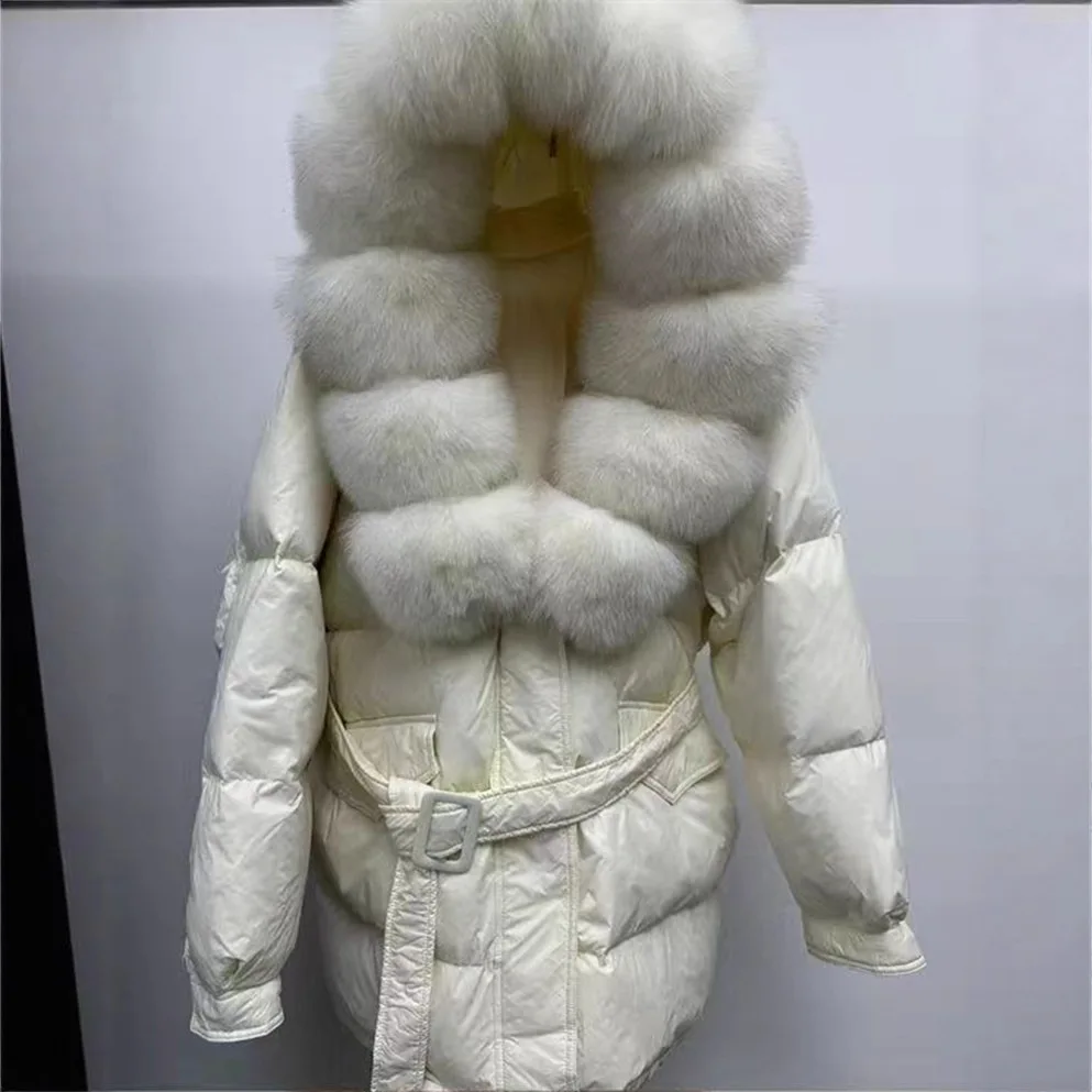Winter Fox Fur Collar Down Jacket Women's Mid-Length White Duck Down Thicken Coats Winter Natural Big Fur Collar Down Jacket