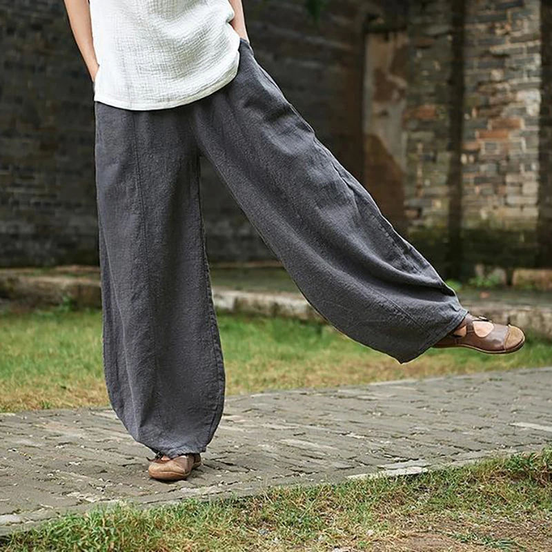 Lässige Baggy-Hose aus Baumwoll-Leinen für Damen mit elastischer Taille