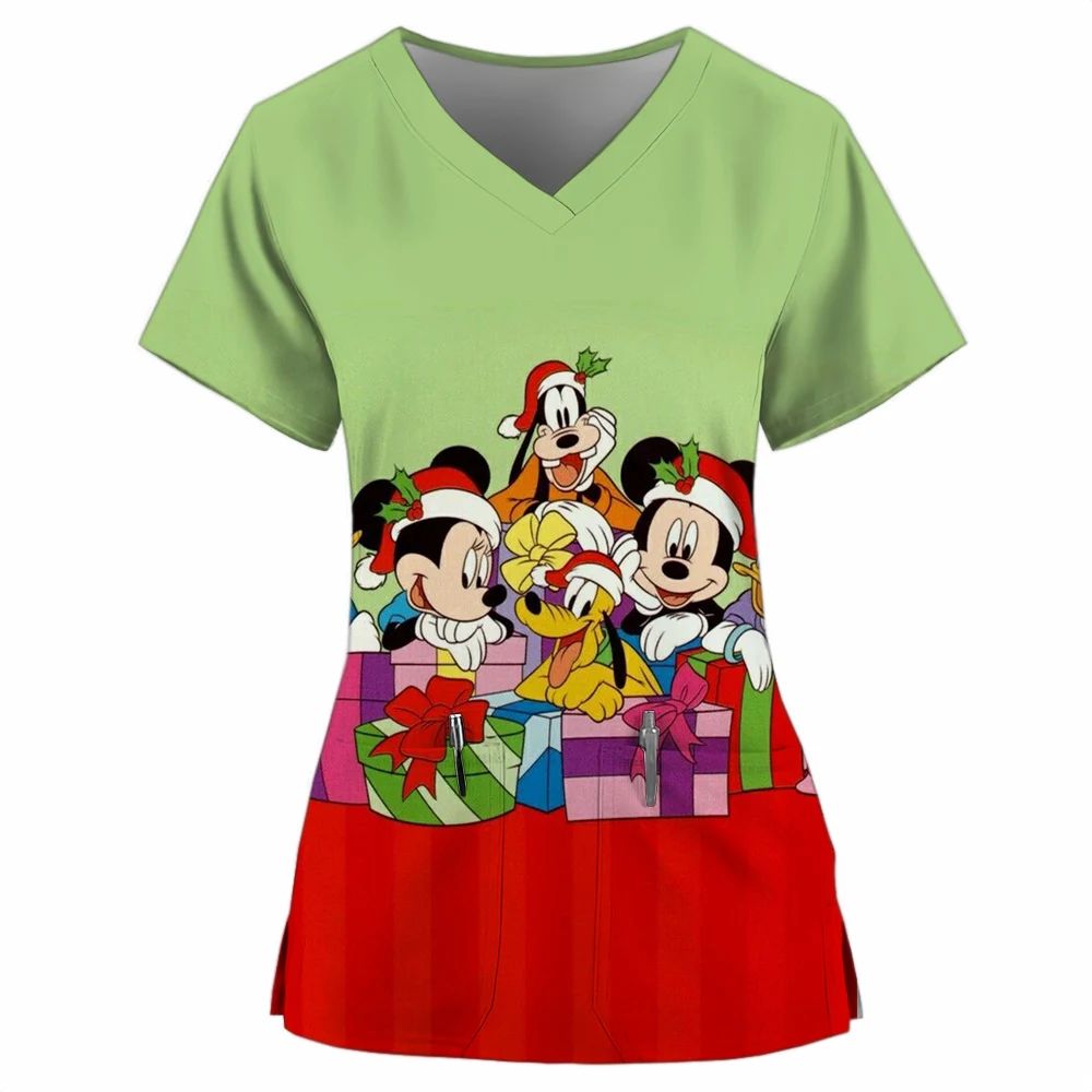 Nurse Uniform Women's Merry Christmas Disney Mickey Mouse Printed Short Sleeve V-neck Matte Work Clothes Medical Shirts Work Top