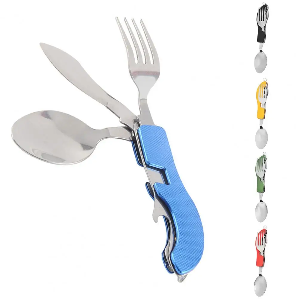 Camping Tableware with Key Ring 4-in-1 Stainless Steel Spoon Knife Fork Bottle Opener Travel Backpacking Cutlery Multitool