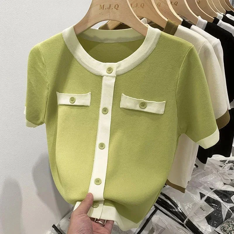 

Новинка 2026, летние тонкие женские свитера с короткими рукавами и круглым вырезом, трикотаж контрастного цвета, женские тонкие рубашки, повседневные топы