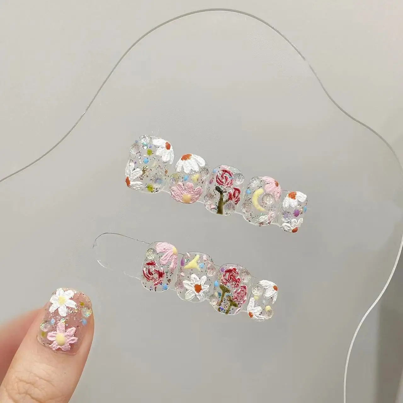 10pcs Handmade 3D Pink Fairy Almond Press on Nails Short Fake Nail Gradient Butterfly Reusable Full Cover Nail Tips Art Nail