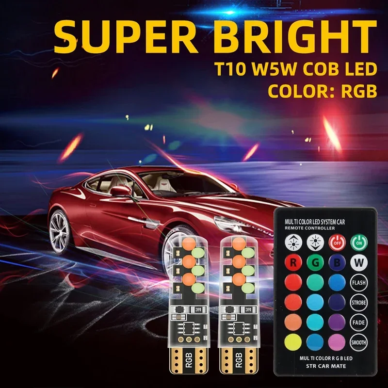 

2/4 шт. T10 W5w RGB светодиодная лампа с дистанционным управлением COB лампа внутреннего освещения автомобиля для чтения клиновой купольный светильник для багажника номерного знака 12 В