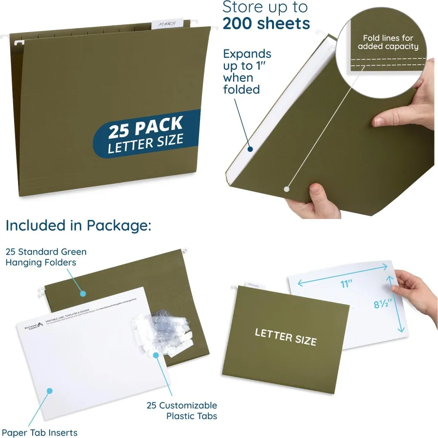 

25 Reinforced Hanging File Folders for Filing Cabinet Letter Size Green Standard File Folders with Durable Design Ideal for Off