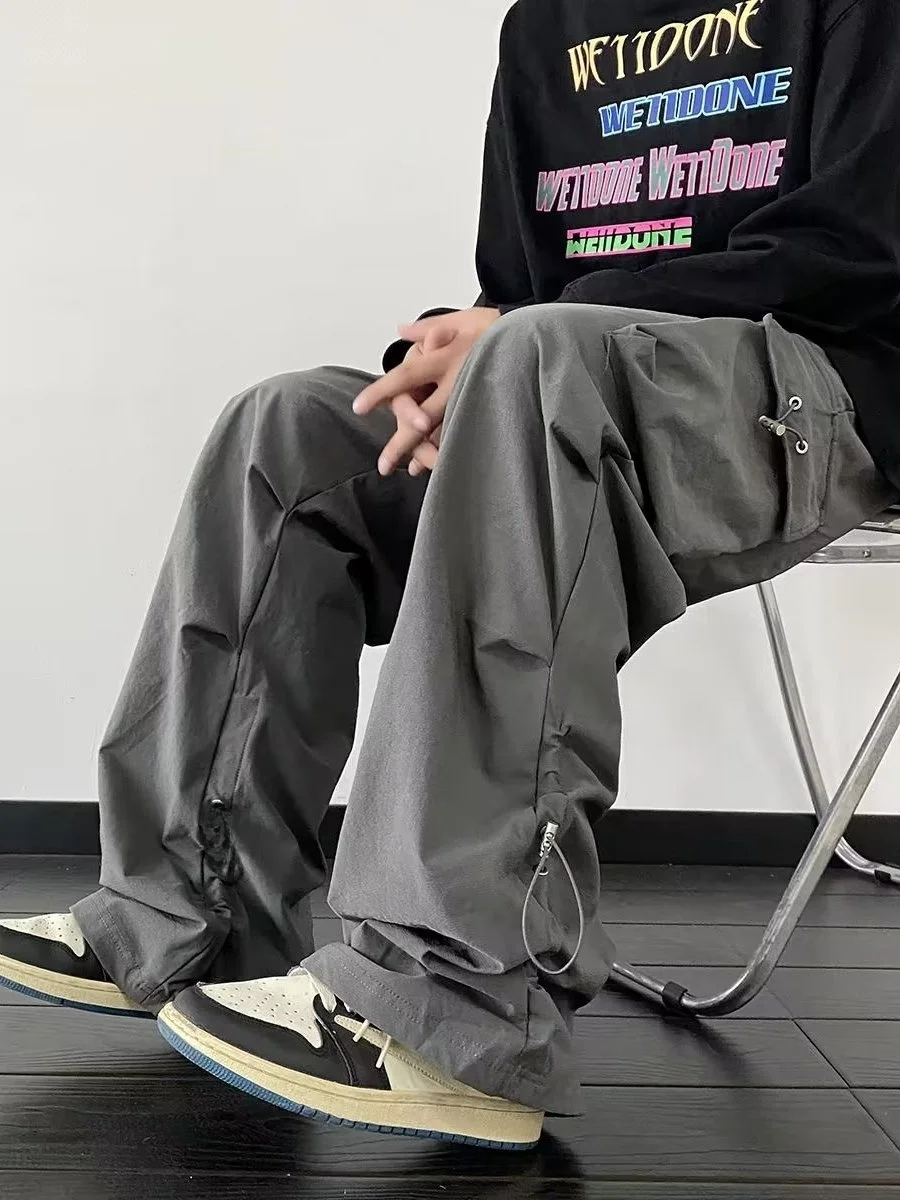 

Loose Fit Men's Workwear Trousers Summer American High Street Casual Straight Leg Pants with Big kets Dstring