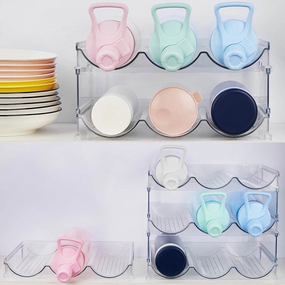 2 Tier Water Bottle Organizer Stackable Bottle Storage Rack Plastic Cup Organizer Shelf Hold 6 Bottles for Pantry Fridge Freezer