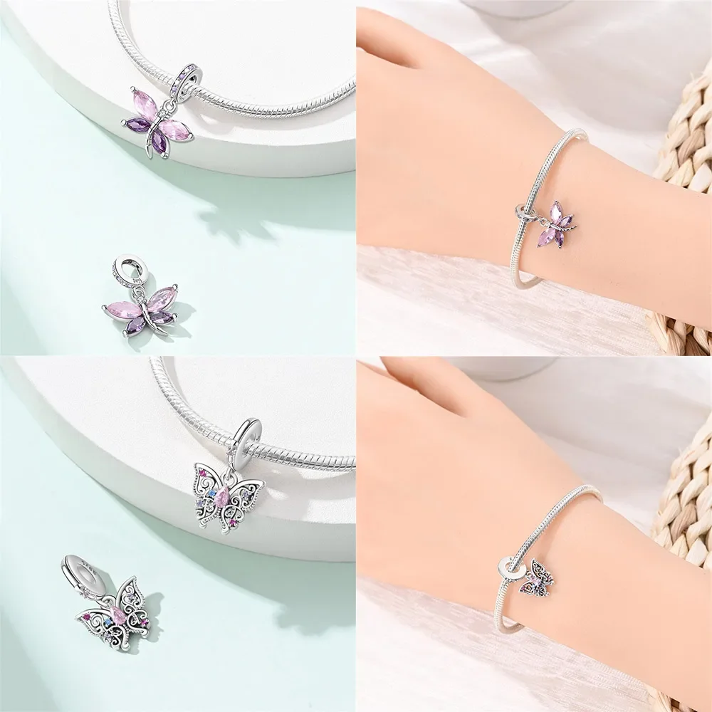 Romantischer 925er-Sterlingsilber-Charm mit lila Schmetterlingsblume und Herzperlen, passend für Armbänder, baumelnde Anhänger, edler Schmuck für Frauen und Mädchen